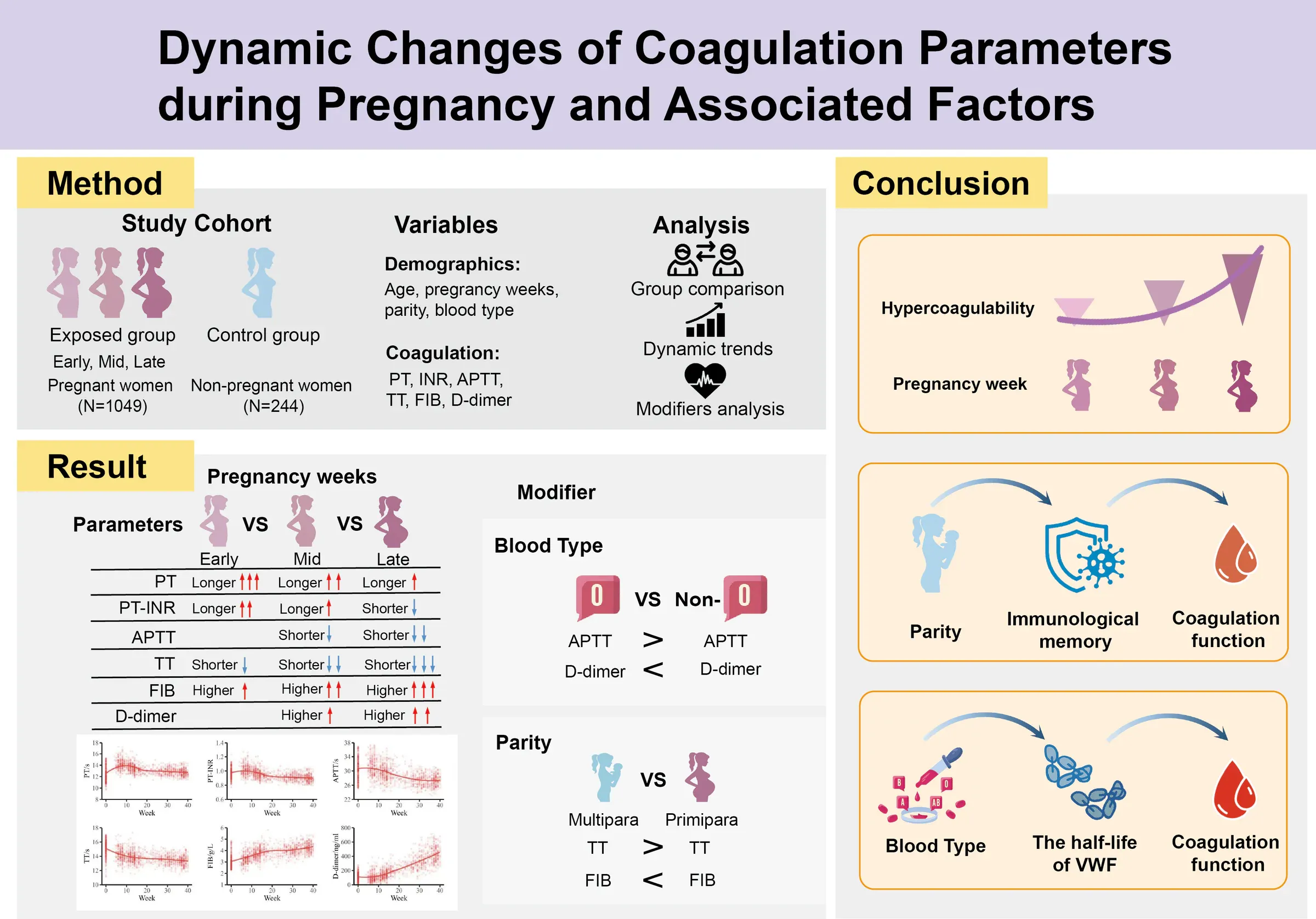 Graphical abstract summarising pregnancy coagulation methods, results and conclusions in a structured visual layout