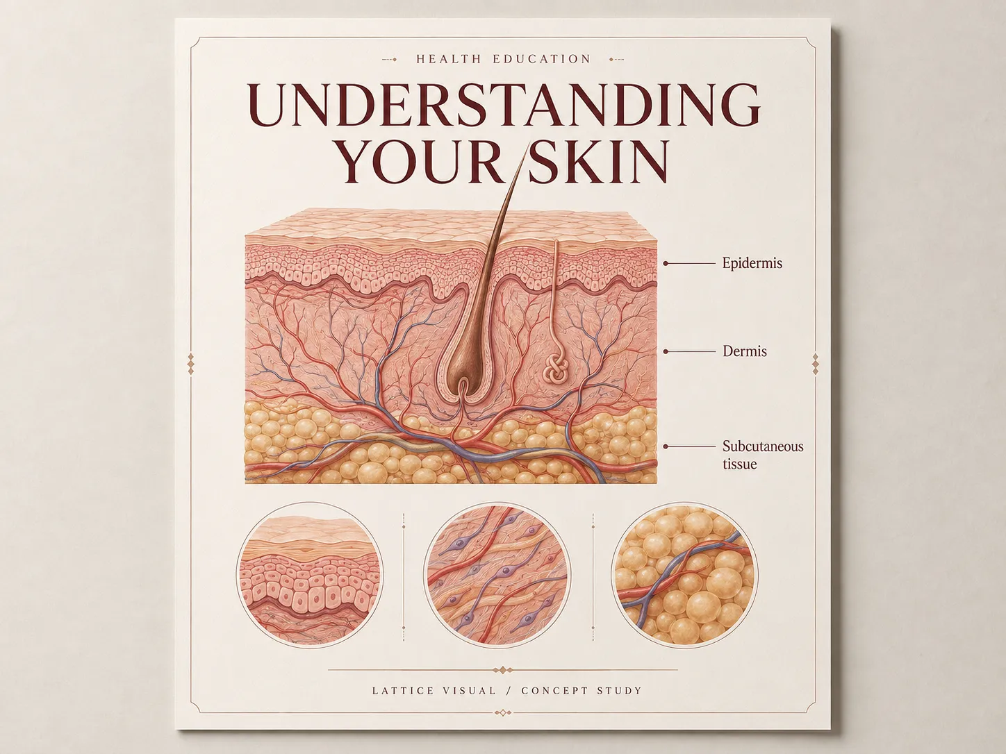 Concept health education poster with a labelled skin cutaway and magnified views of the epidermis, dermis and subcutaneous tissue