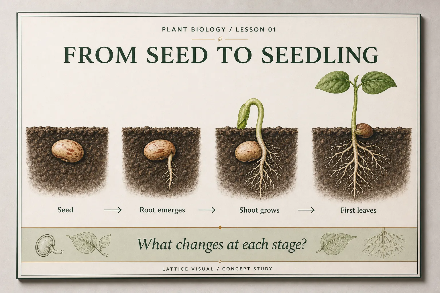 Concept plant biology lesson showing four illustrated stages from seed to seedling, stage labels and a discussion prompt