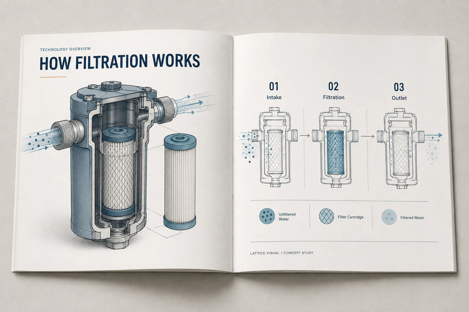 Concept technical report spread with a filtration-system cutaway, a three-step process diagram and a visual legend